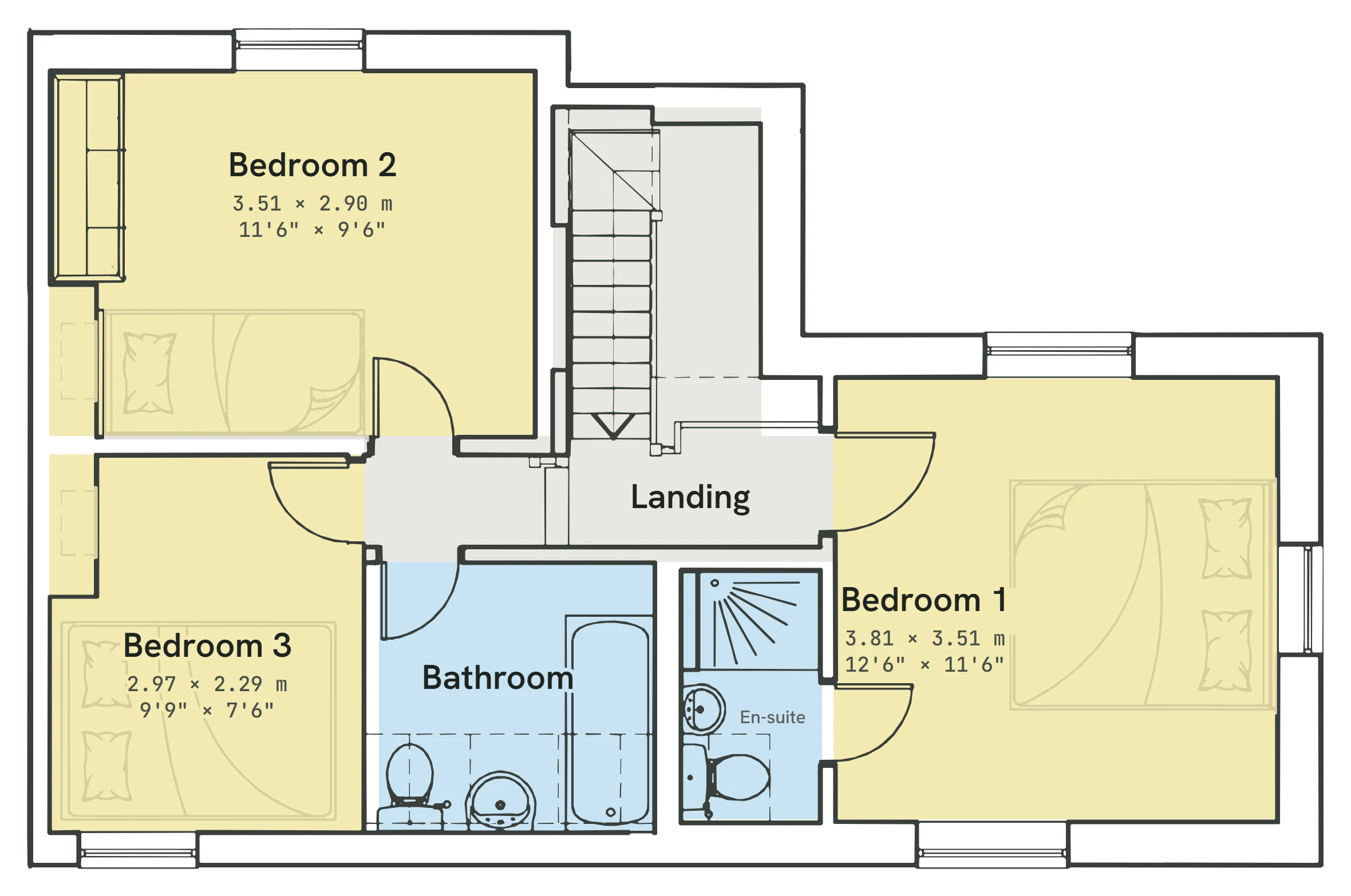 First floor plan: bedrooms 1, 2 and 3, family bathroom, en-suite and landing, with room sizes