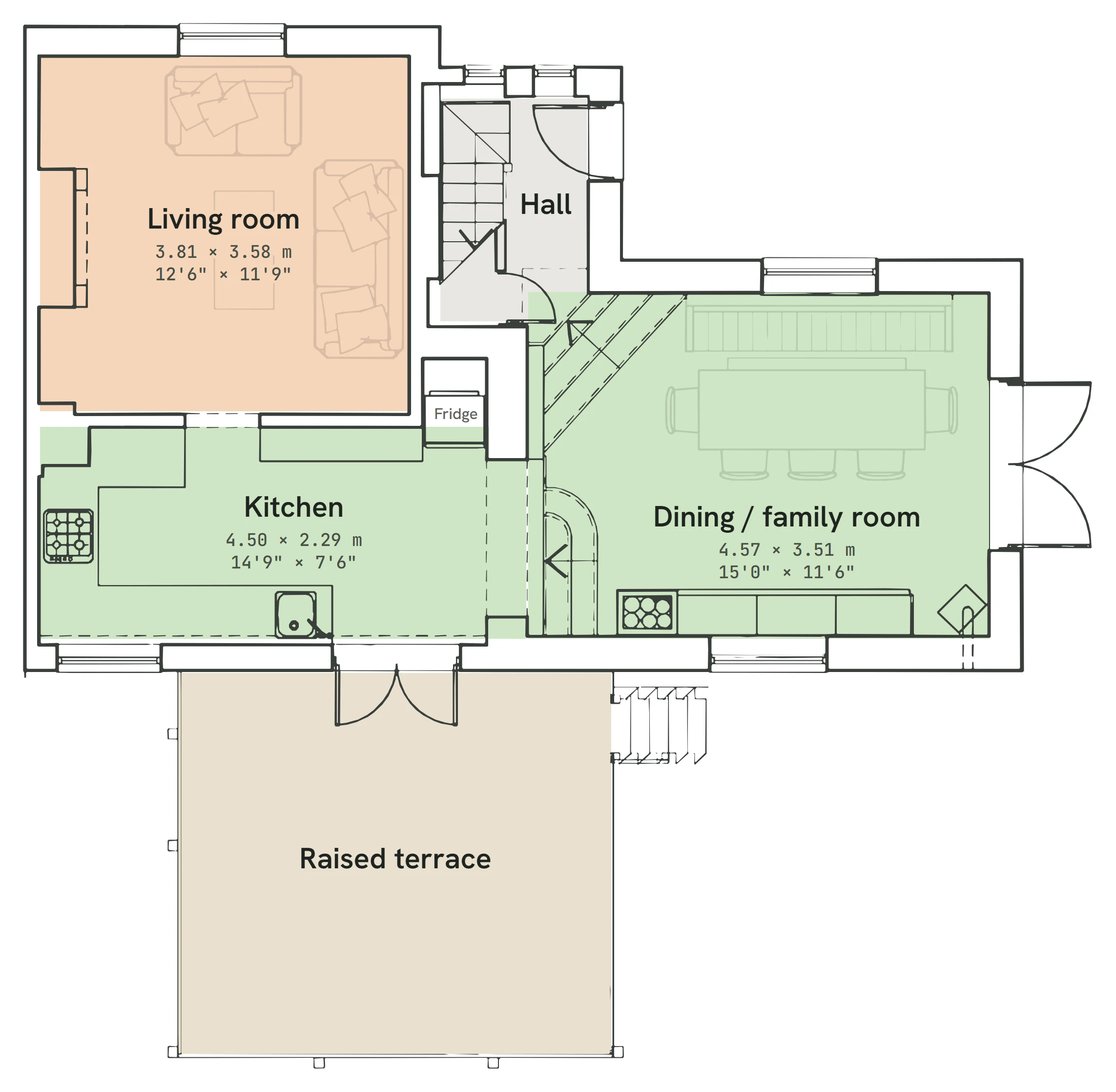 Ground floor plan: living room, hall, kitchen, dining / family room and raised terrace, with room sizes